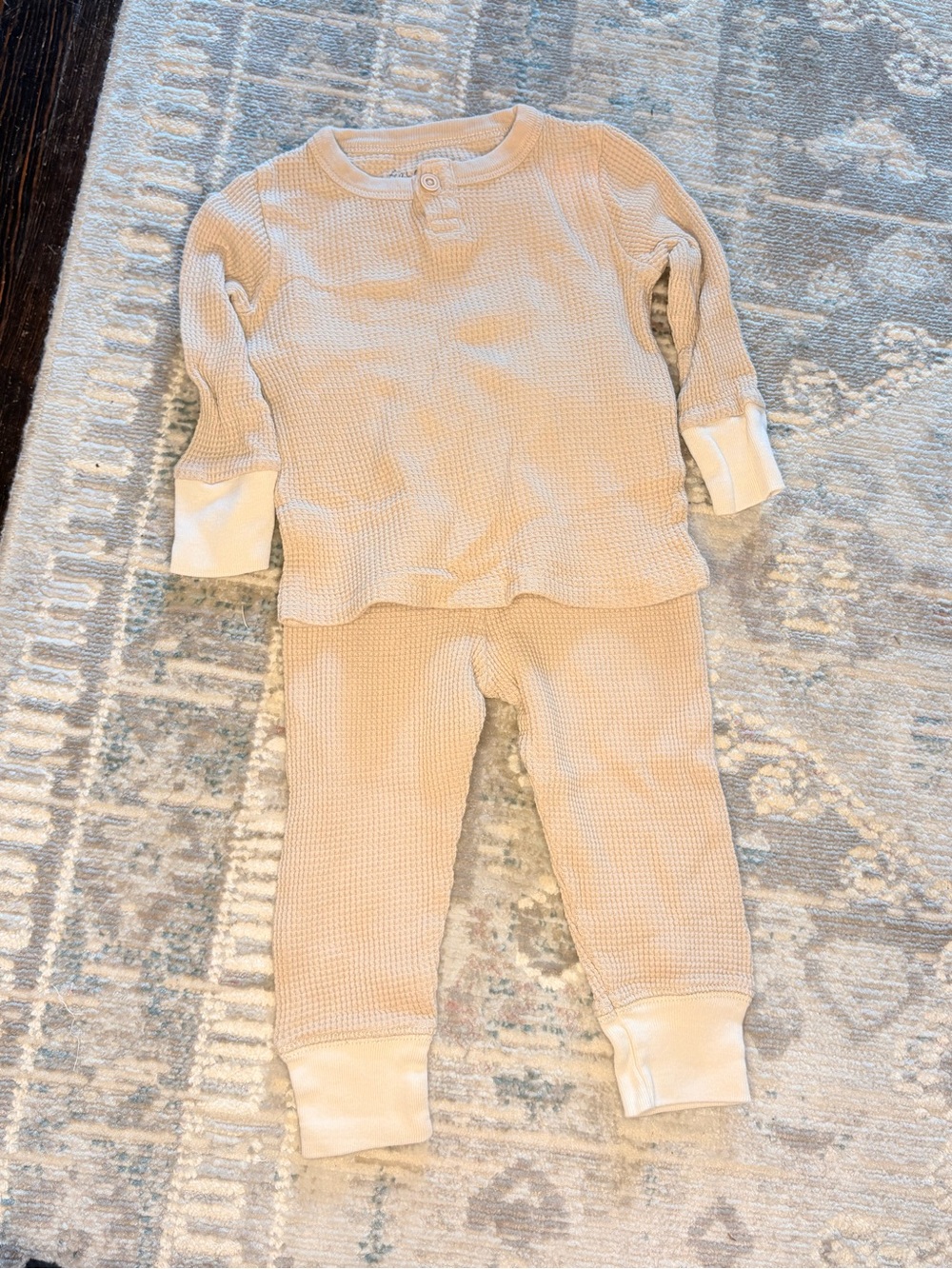 Kids Neutral Waffle Knit Pajama Set - Beige